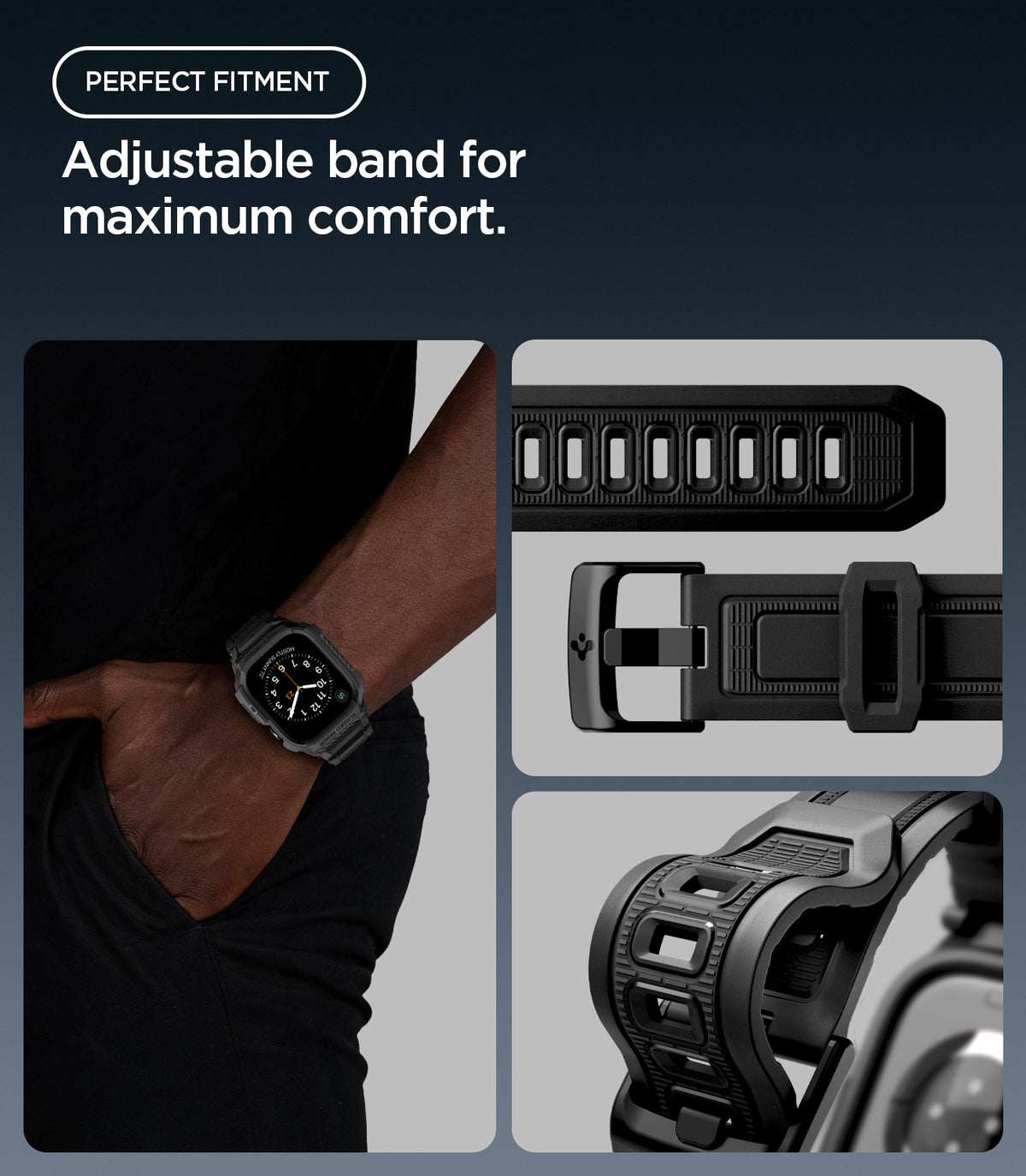 ACS11894 - Apple Watch Series 12 (46mm) Case Rugged Armor Pro in Matte Black showing the adjustable band, buckle, and multiple sizing holes for a comfortable fit