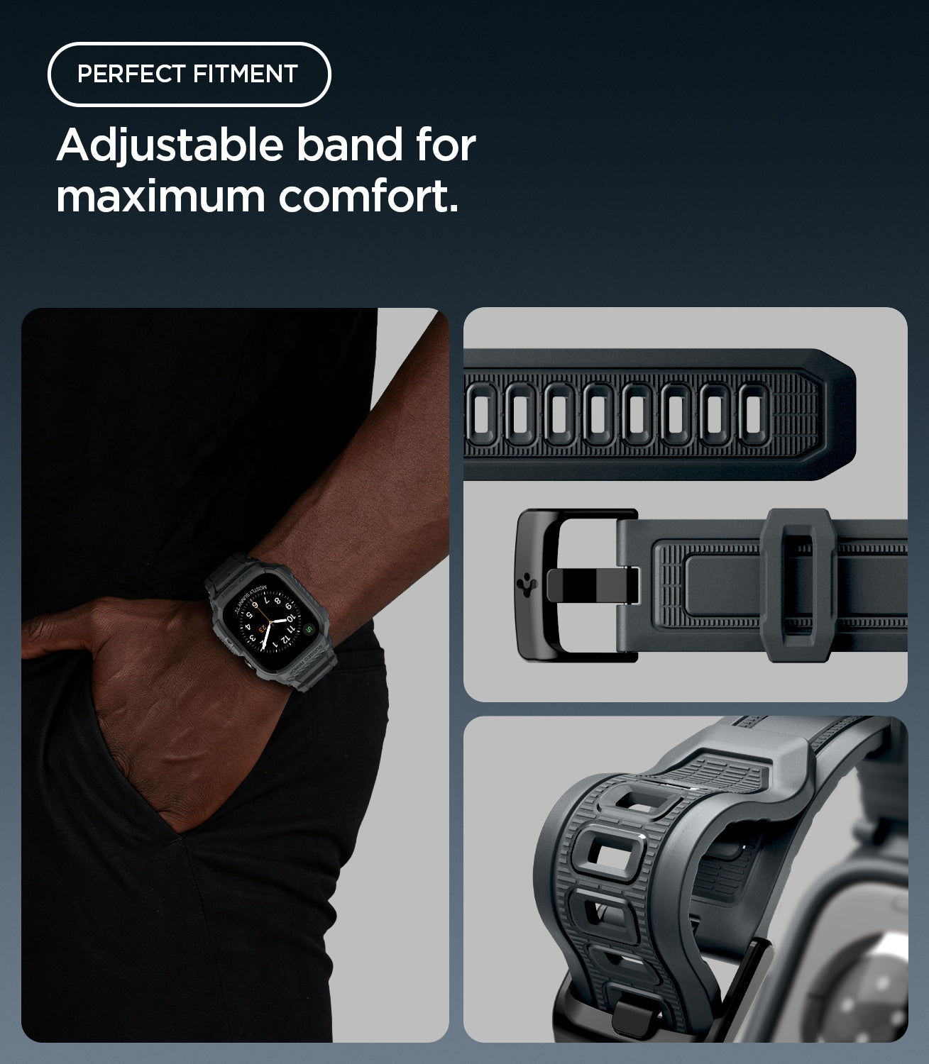 ACS11895 - Apple Watch Series 12 (46mm) Case Rugged Armor Pro in Dark Gray showing the adjustable band, buckle, and multiple sizing holes for a comfortable fit