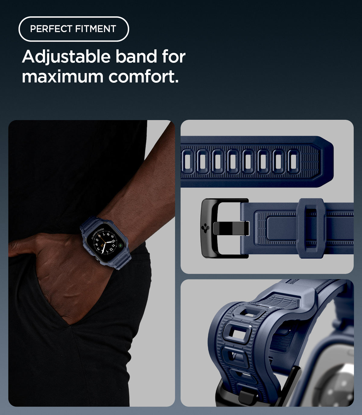 ACS11896 - Apple Watch Series 12 (46mm) Case Rugged Armor Pro in Navy Blue showing the adjustable band, buckle, and multiple sizing holes for a comfortable fit