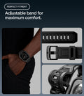 ACS11883 - Apple Watch Series 12(42mm) Case Rugged Armor Pro in Matte Black showing the adjustable band, buckle, and multiple sizing holes for a comfortable fit