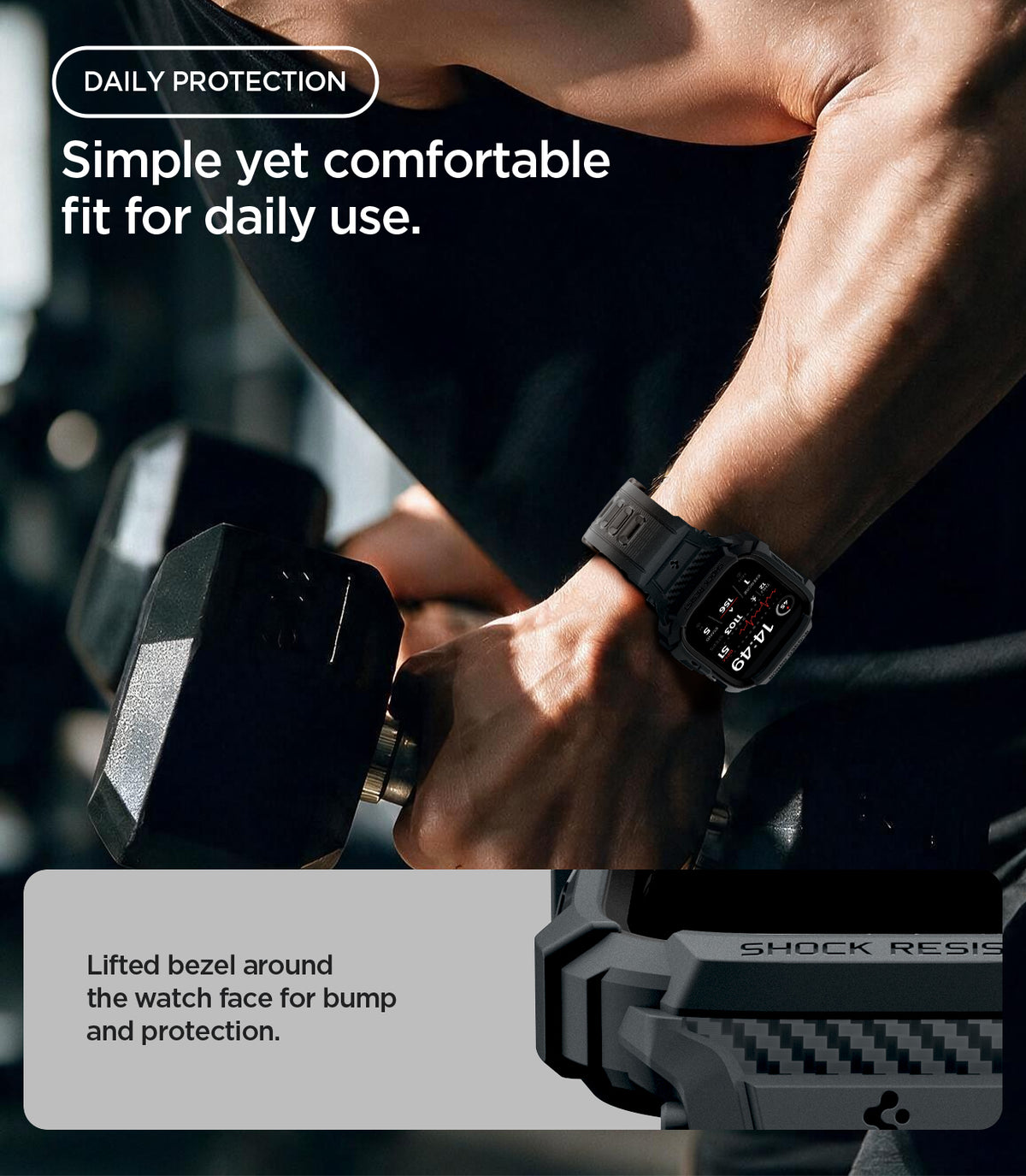 ACS11895 - Apple Watch Series 12 (46mm) Case Rugged Armor Pro in Dark Gray showing the raised bezel design providing added protection during everyday activities
