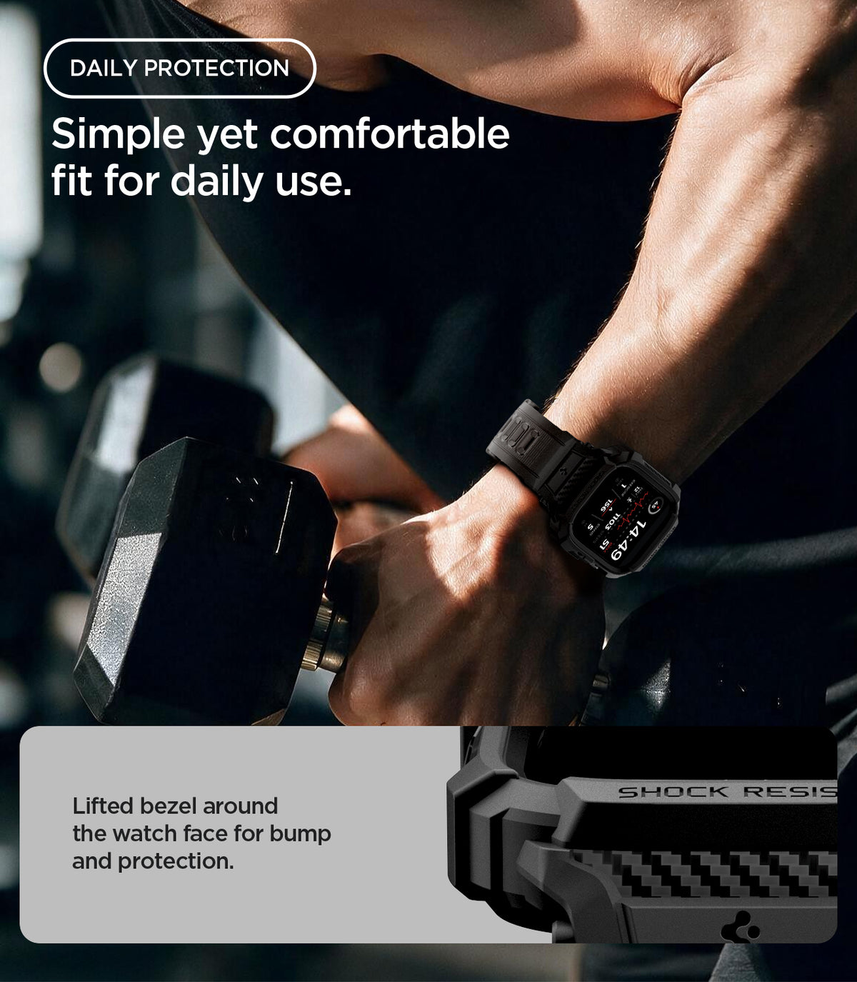 ACS11894 - Apple Watch Series 12 (46mm) Case Rugged Armor Pro in Matte Black showing the raised bezel design providing added protection during everyday activities