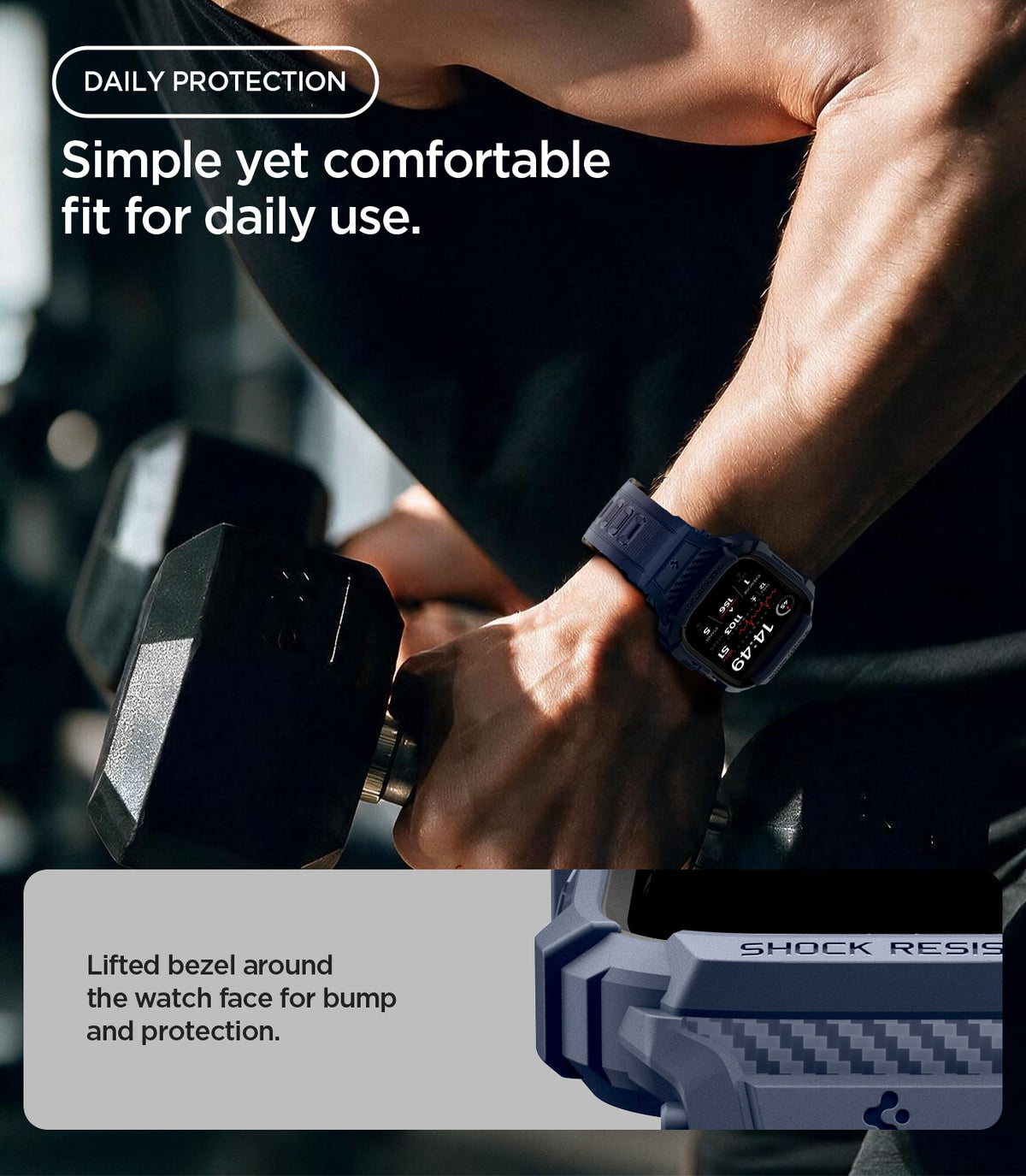 ACS11896 - Apple Watch Series 12 (46mm) Case Rugged Armor Pro in Navy Blue showing the raised bezel design providing added protection during everyday activities