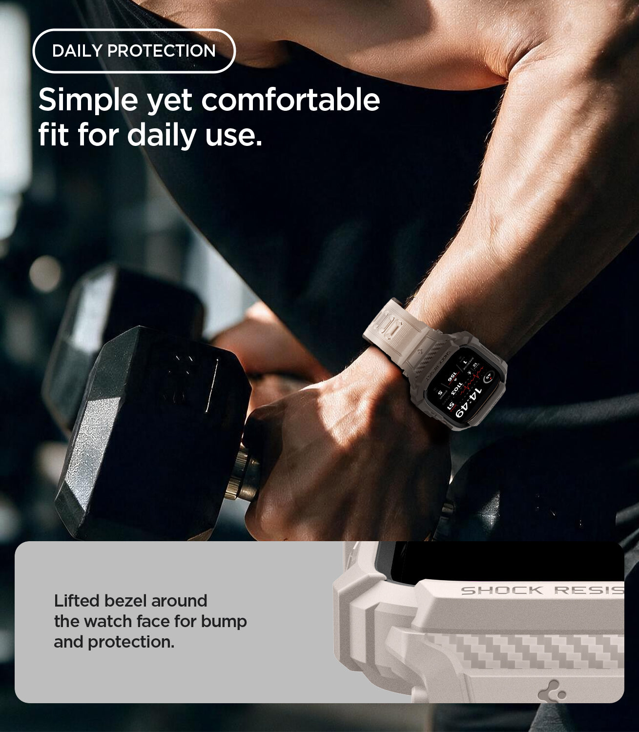 ACS11897 - Apple Watch Series 12 (46mm) Case Rugged Armor Pro in Dune Beige showing the raised bezel design providing added protection during everyday activities
