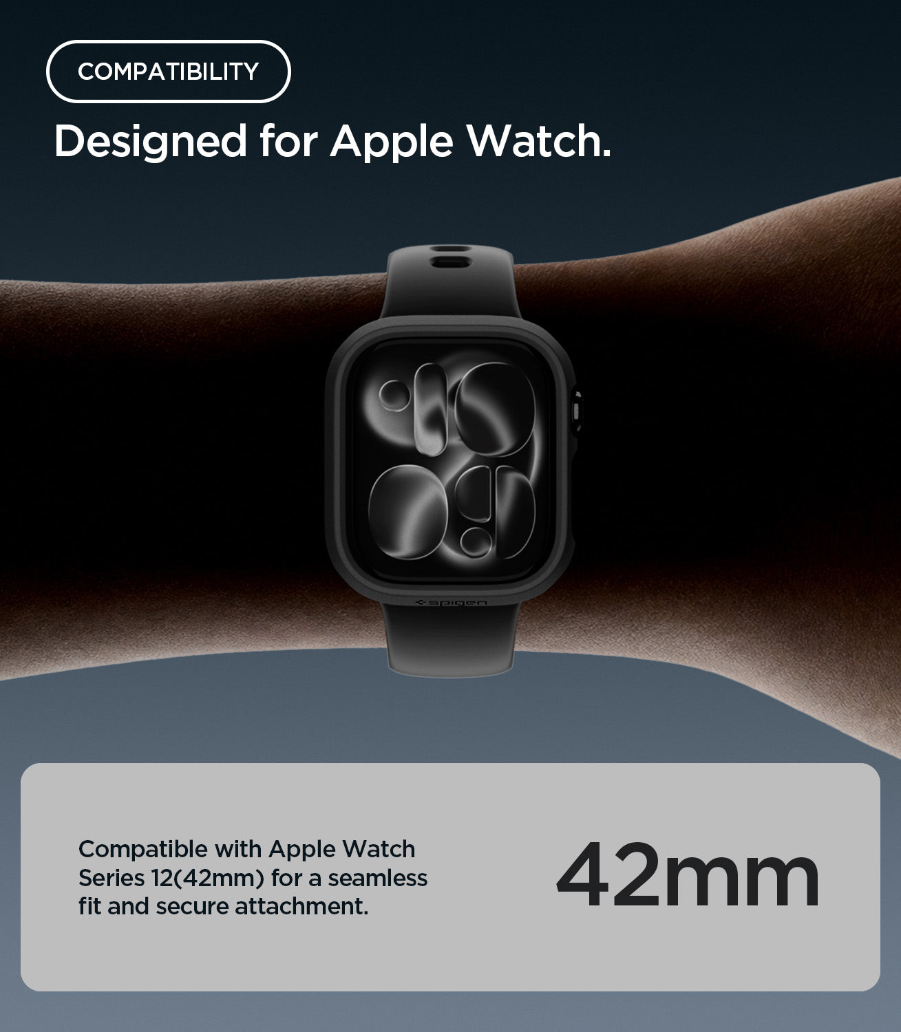 ACS11880 - Apple Watch Series 12(42mm) Case Thin Fit in Black showing compatibility with the 42mm size for a seamless fit and secure attachment