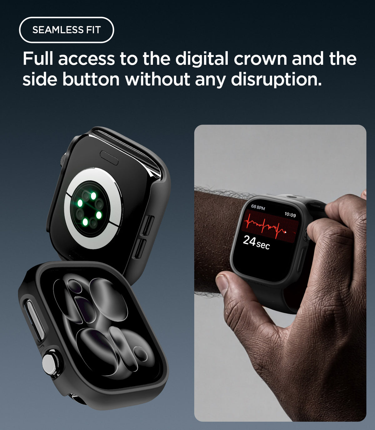 ACS11880 - Apple Watch Series 12(42mm) Case Thin Fit in Black showing precise access to the crown and side button for seamless operation