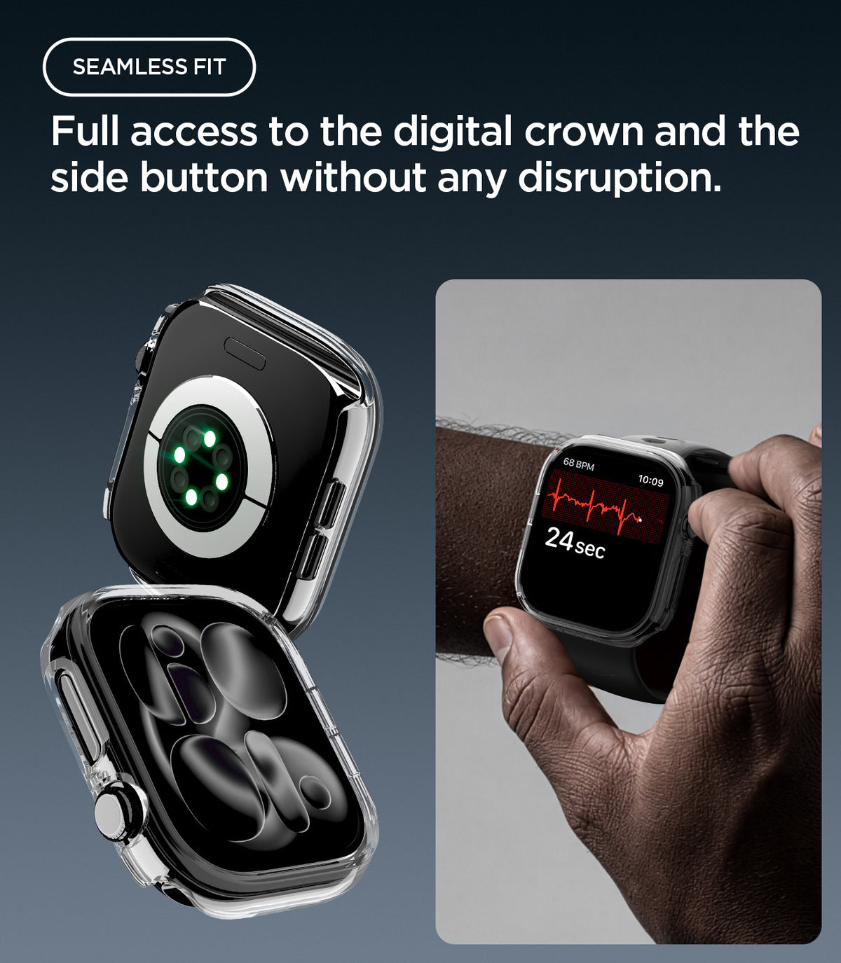 ACS11881 - Apple Watch Series 12(42mm) Case Thin Fit in Crystal Clear showing precise access to the crown and side button for seamless operation