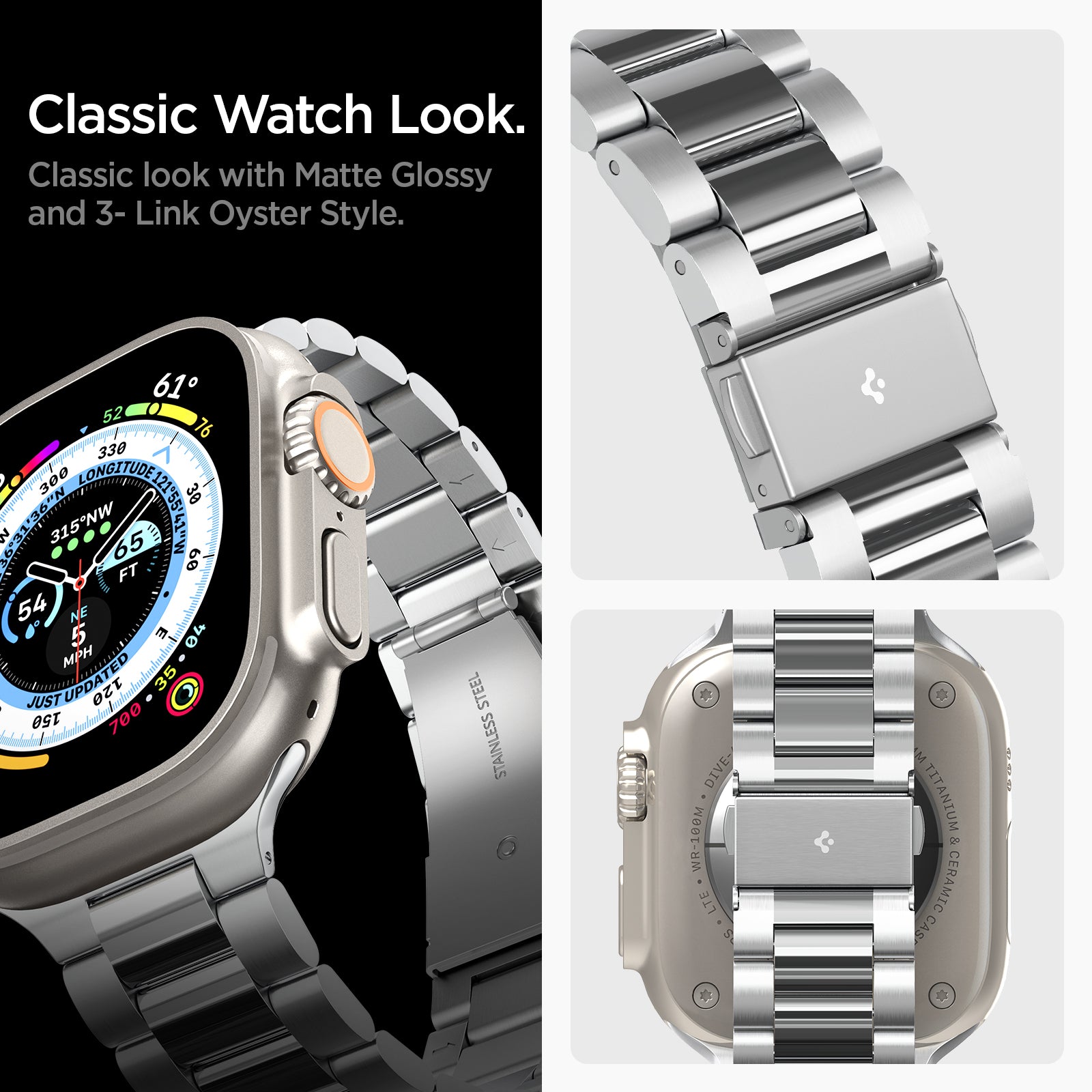 AMP06357 - Apple Watch (41mm) Modern Fit 316L Band in Silver classic look with matte glossy and 3-link oyster style. classic watch look.
