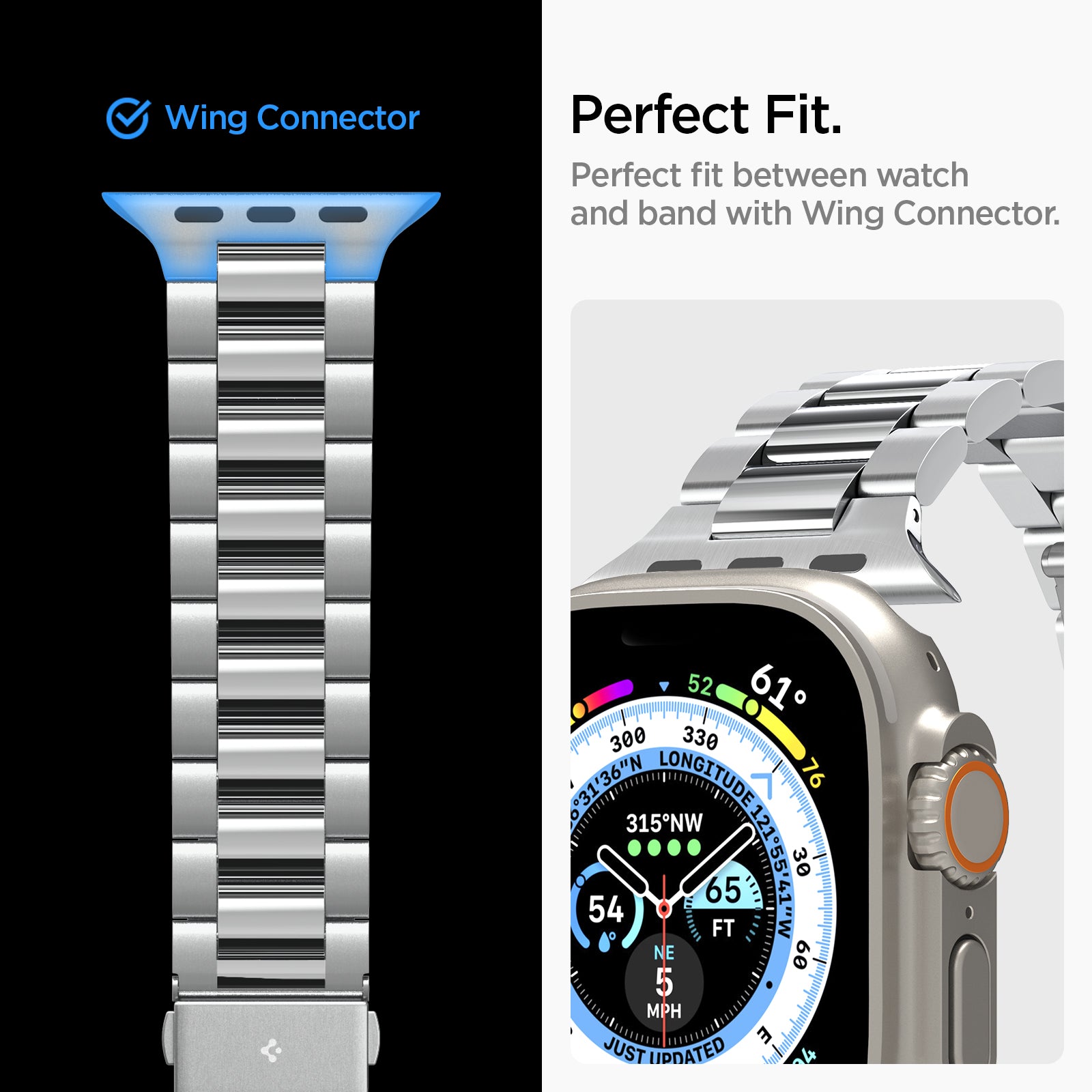 AMP06357 - Apple Watch (41mm) Modern Fit 316L Band in Silver perfect fit between watch and band with wing connector.