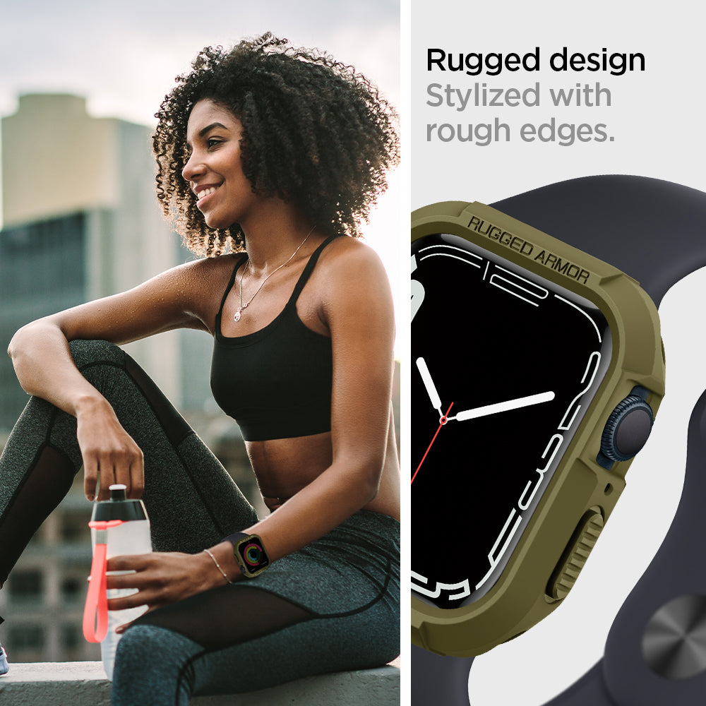 061CS26014 - Apple Watch Series (Apple Watch (41mm)) Case Rugged Armor in olive green rugged design stylized with rough edges.