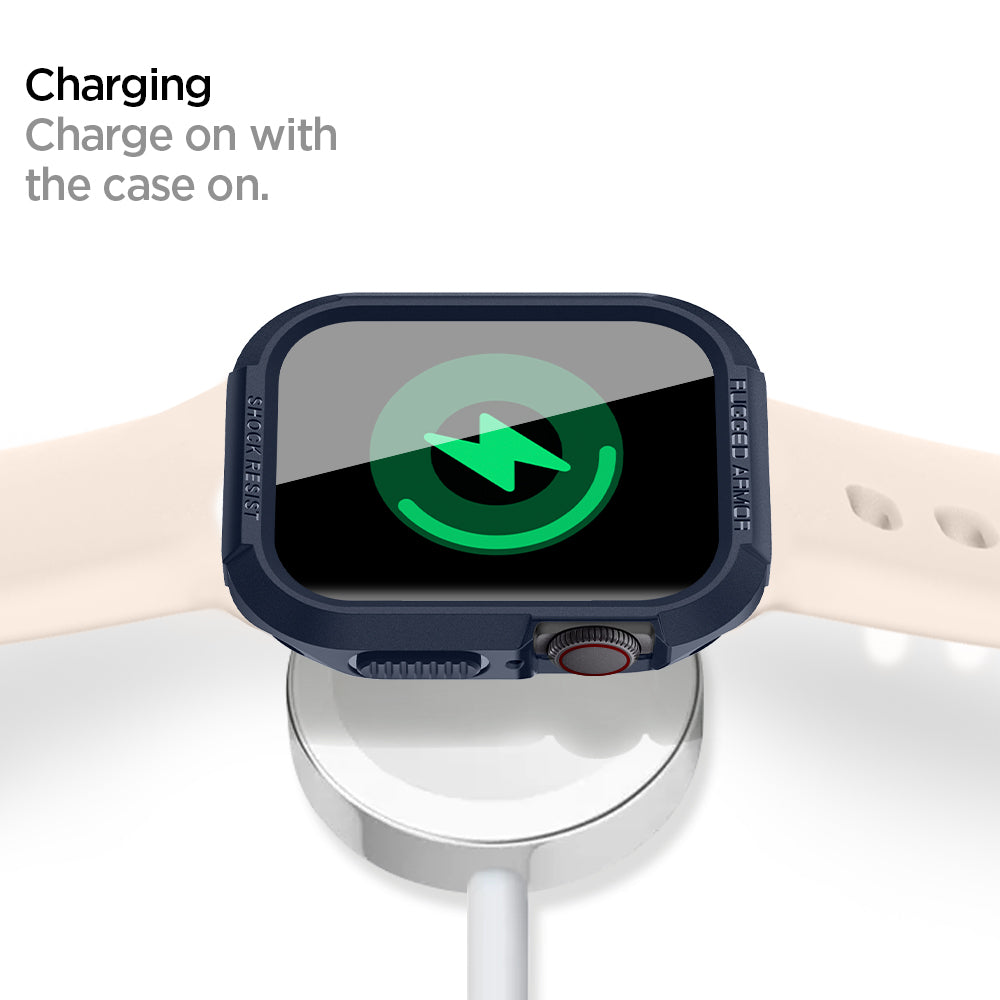 ACS02227 - Apple Watch Series (Apple Watch (41mm)) Case Rugged Armor in navy blue charging on with the case on.