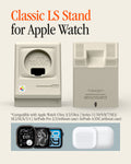 AMP11668 - Apple Watch Classic LS Charger Stand charger stand shown from the front and back with compatibility examples for watches and wireless earbuds.