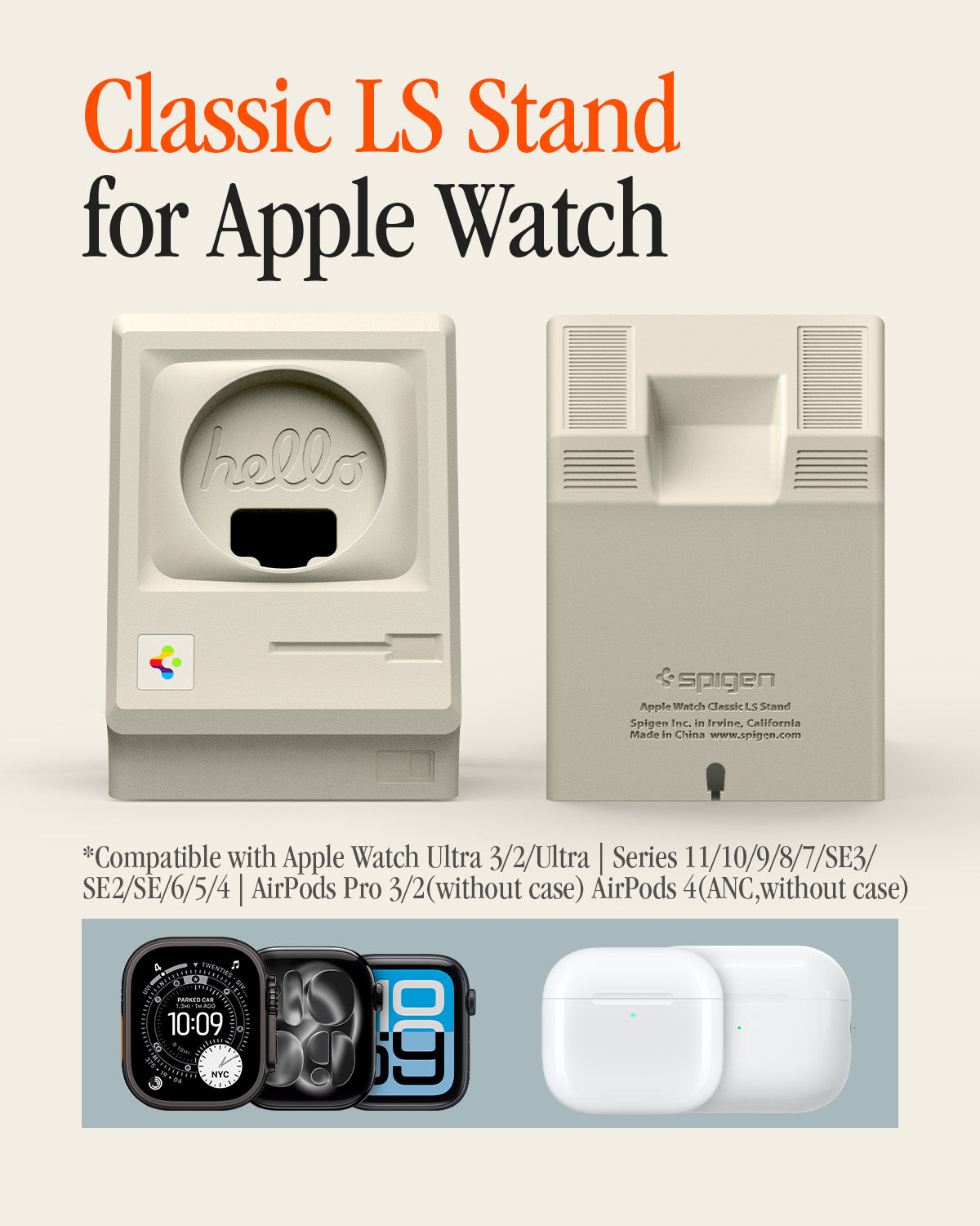 AMP11668 - Apple Watch Classic LS Charger Stand charger stand shown from the front and back with compatibility examples for watches and wireless earbuds.