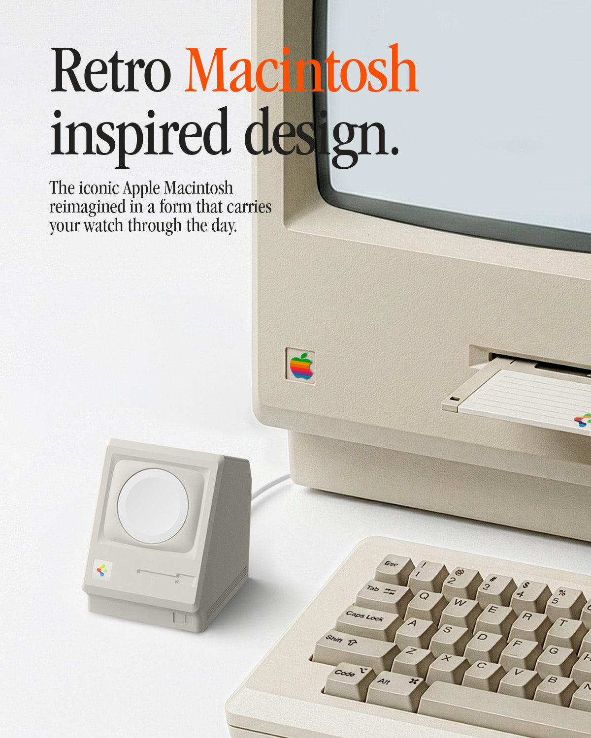 AMP11668 - Apple Watch Classic LS Charger Stand retro Macintosh inspired charger stand displayed beside a classic computer and keyboard.