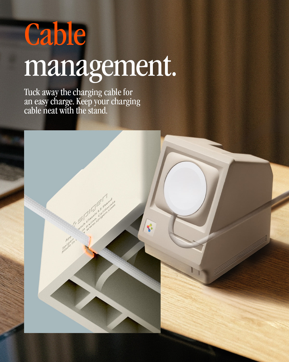 AMP11668 - Apple Watch Classic LS Charger Stand built in cable routing keeps the charging cable neatly guided through the stand and out the back.