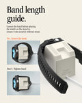 AMP11668 - Apple Watch Classic LS Charger Stand band length guide shows a loosened watch band fitting around the stand compared with a tightened band.