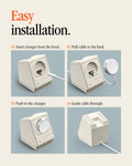 AMP11668 - Apple Watch Classic LS Charger Stand four step installation guide shows how to insert the charger, route the cable, and secure it in the stand.