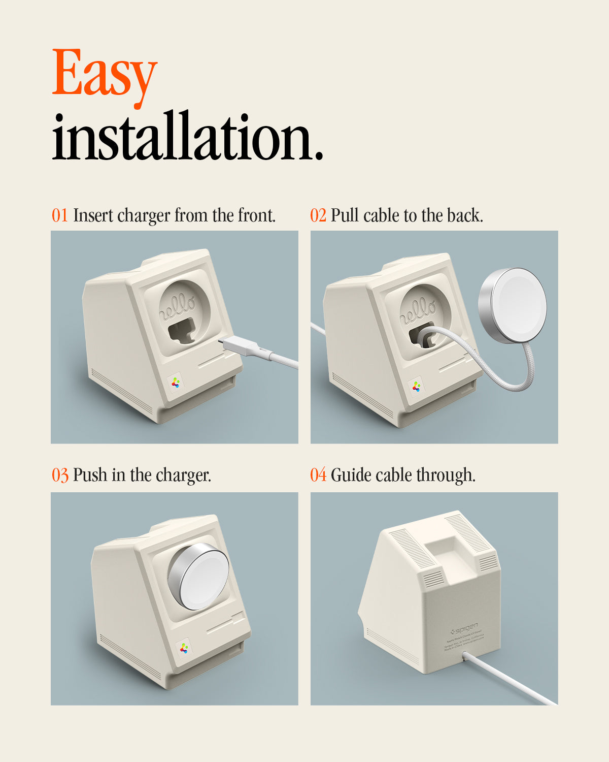 AMP11668 - Apple Watch Classic LS Charger Stand four step installation guide shows how to insert the charger, route the cable, and secure it in the stand.