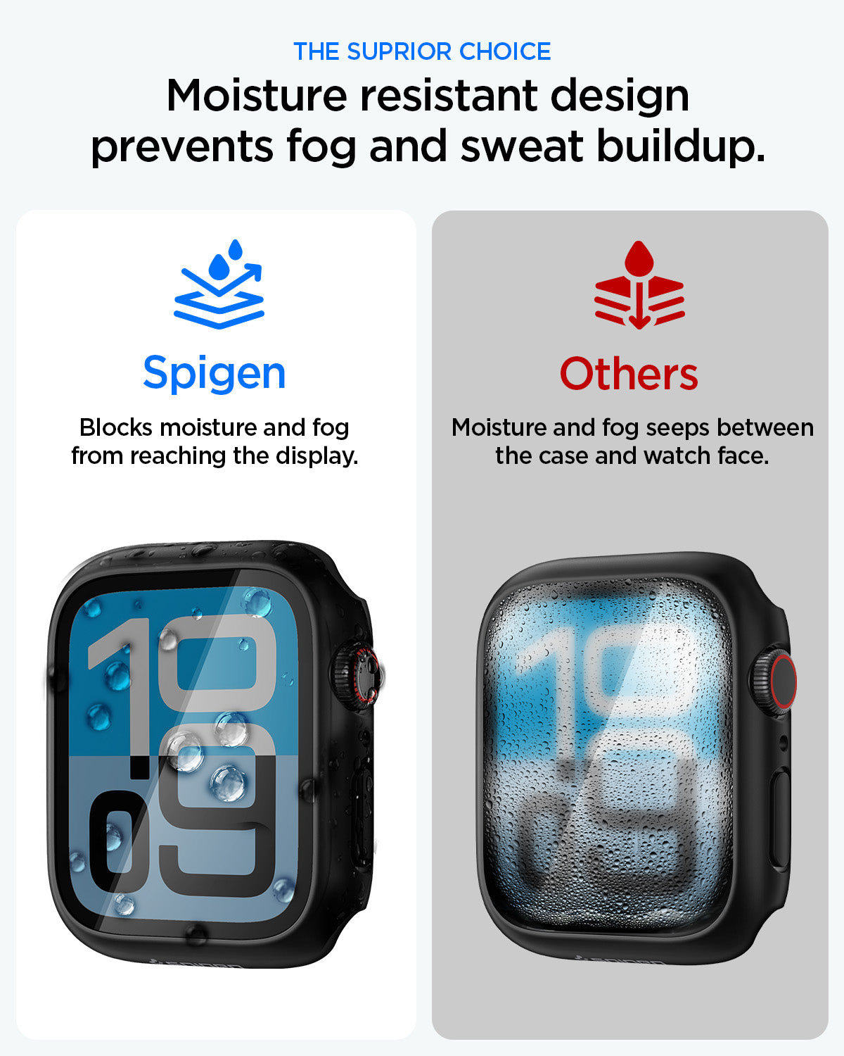 ACS11593 - Spigen Thin Fit 360 moisture-resistant design keeps Apple Watch SE3 40mm display clear versus fogged competitor case