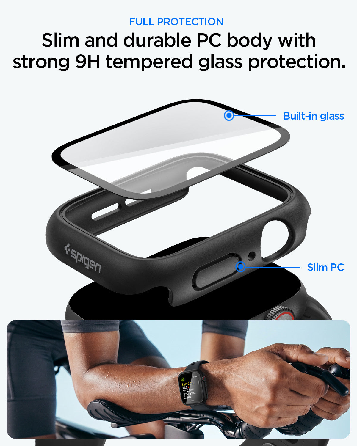 ACS11592 - Spigen Thin Fit 360 for Apple Watch SE3 44mm with slim PC frame and built-in 9H tempered glass