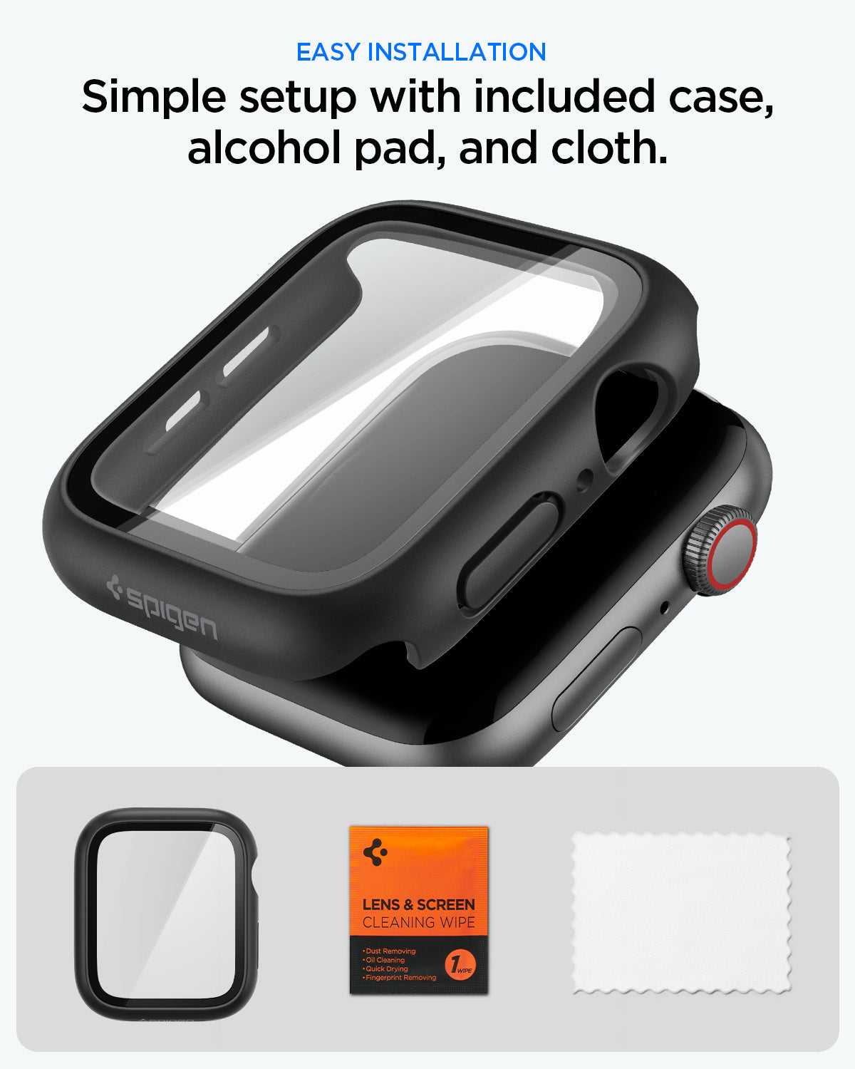 ACS11592 - Spigen Thin Fit 360 Apple Watch SE3 44mm case with included alcohol wipe and microfiber cloth