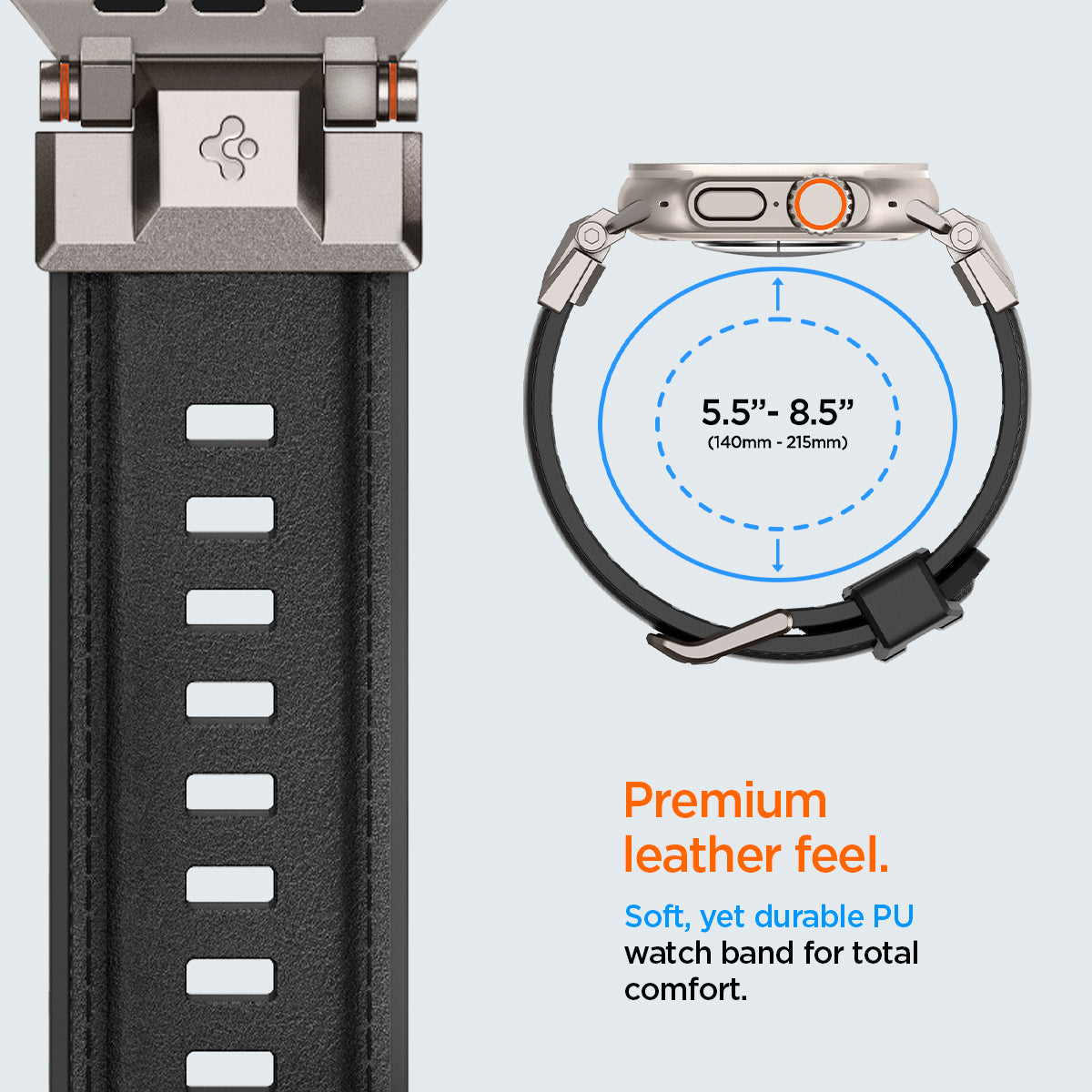 AMP07591 - Apple Watch (49mm) DuraPro Armor PU in Black premium leather feel. Soft, yet durable PU watch band for total comfort.