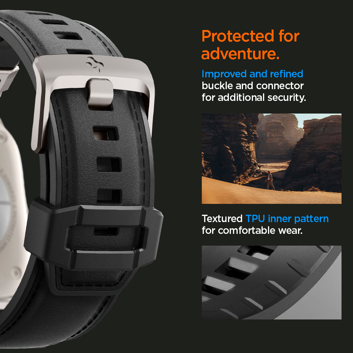 AMP07591 - Apple Watch (49mm) DuraPro Armor PU in Black improved and refined buckle and connector for additional security. textured TPU inner pattern for comfortable wear.