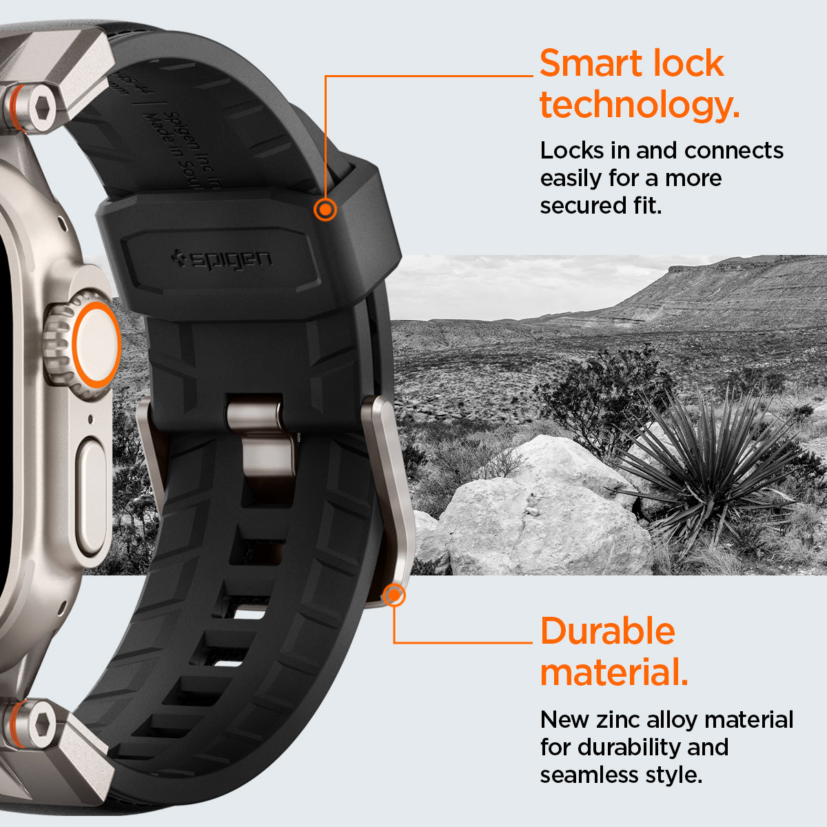 AMP07591 - Apple Watch (49mm) DuraPro Armor PU in Black locks in and connects easily for a more secured fit. New zinc alloy material for durability and seamless style.