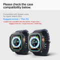 AGL05556 - Apple Watch Ultra Screen Protector EZ FIT Glas.tR showing the compatibility. Compatible with Spigen cases for APple Watch Ultra Rugged Armor / Thin Fit. Not compatible with Ultra Hybrid / Touch Armor / Rugged Armor Pro / Touch Armor Pro / ThinFit 360
