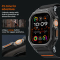 ACS07104 - Apple Watch (49mm) Lite Fit Pro Matte Black in Matte Black showing the unibody design with built-in protection all around the clock. Unique orange button cover for rugged aesthetics