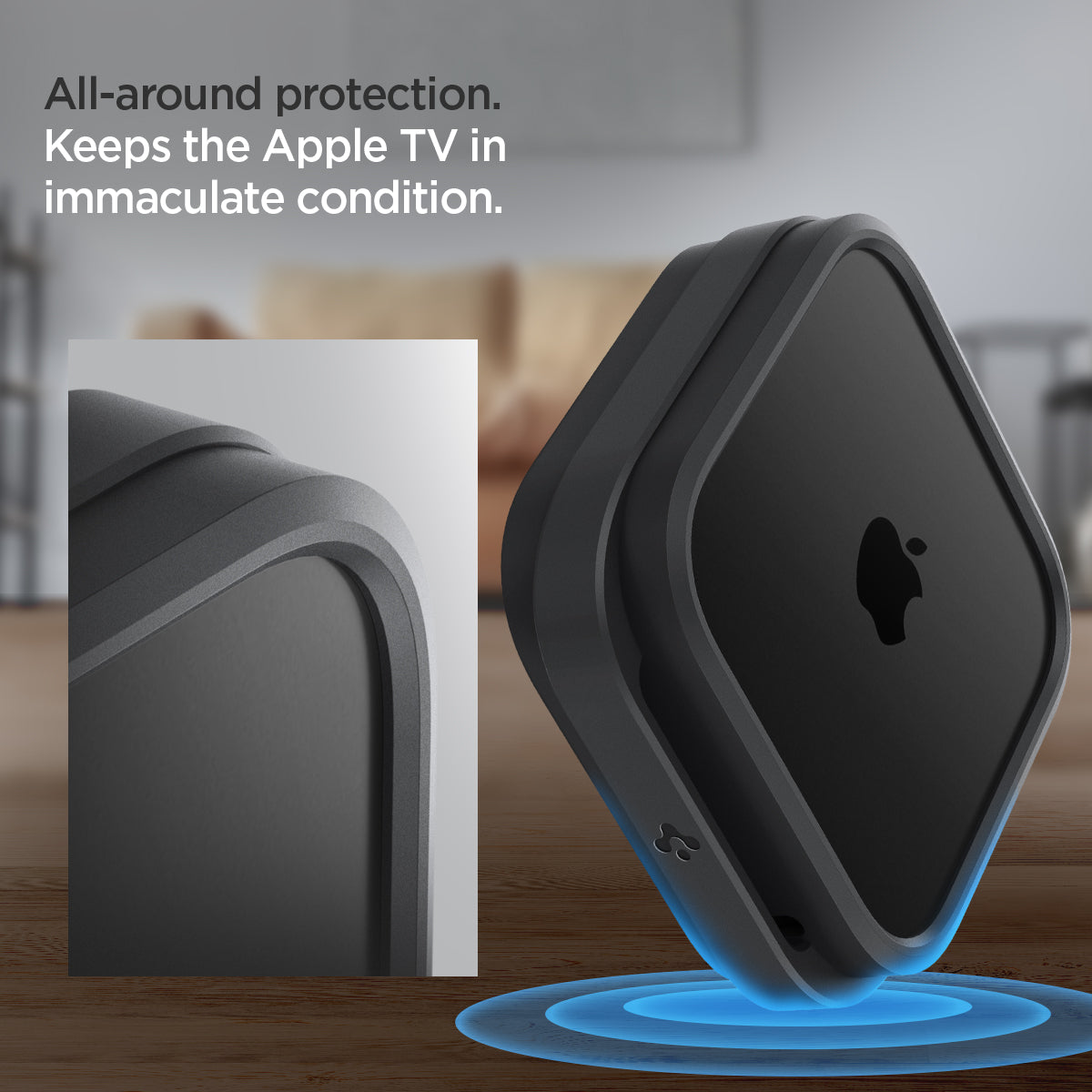 AMP05858 - Apple TV 4K (3rd Gen) Mount Silicone Fit in black showing the All-around protection. Keeps the Apple TV in immaculate condition