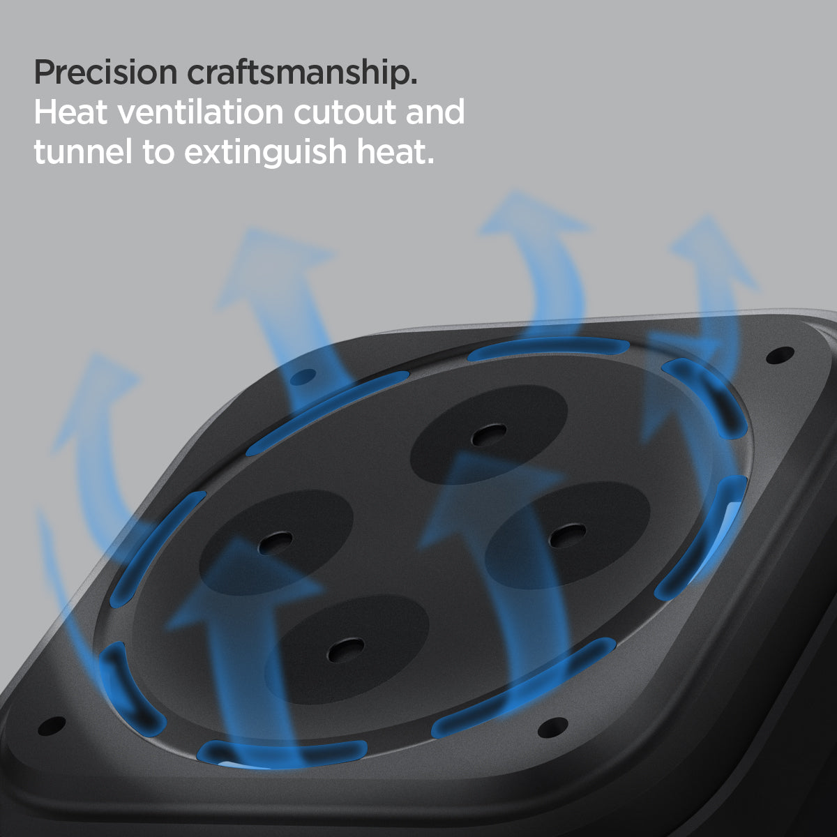 AMP05858 - Apple TV 4K (3rd Gen) Mount Silicone Fit in black showing the precision craftsmanship. Heat ventilation cutout and tunnel to extinguish heat