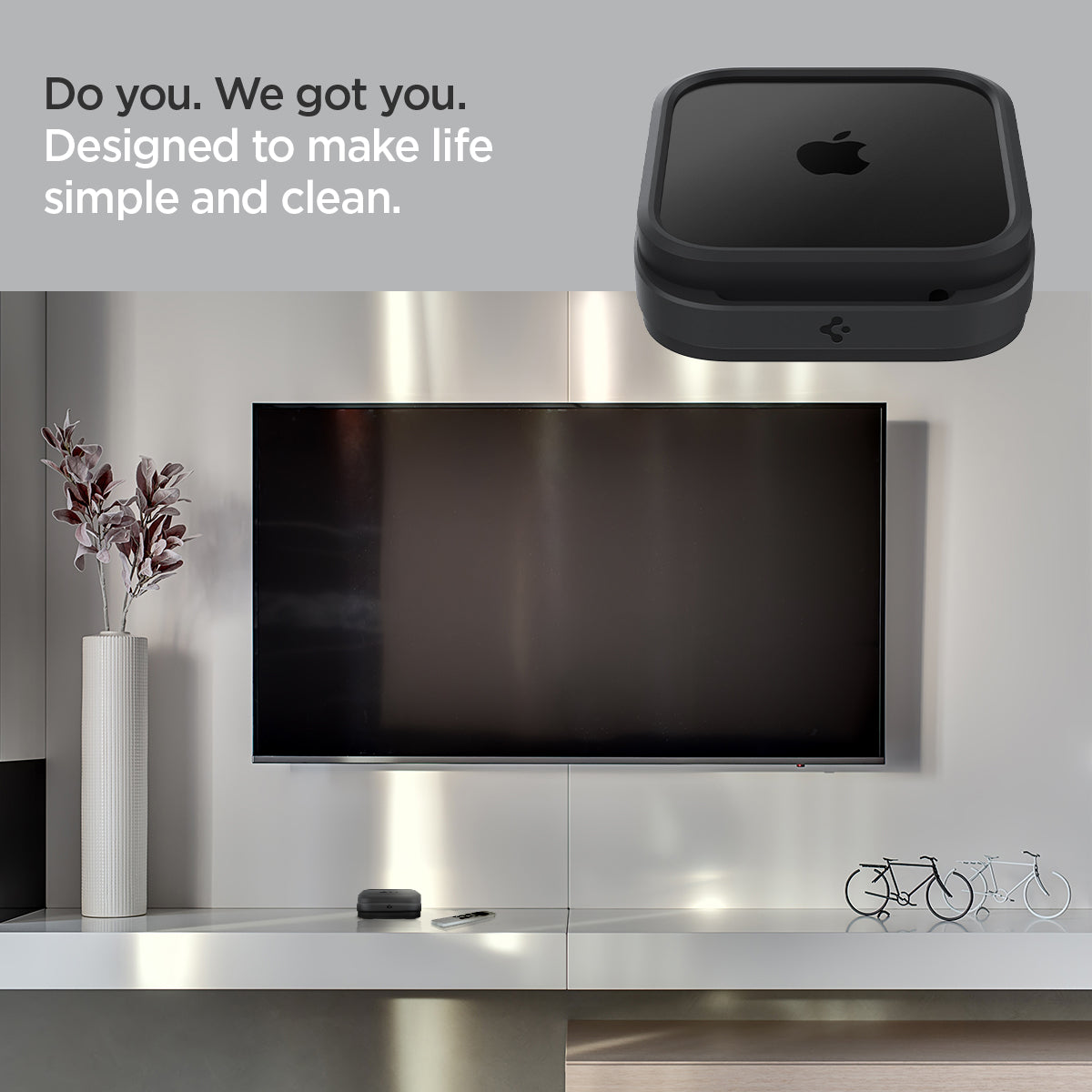 AMP05858 - Apple TV 4K (3rd Gen) Mount Silicone Fit in black showing the designed to make life simple and clean