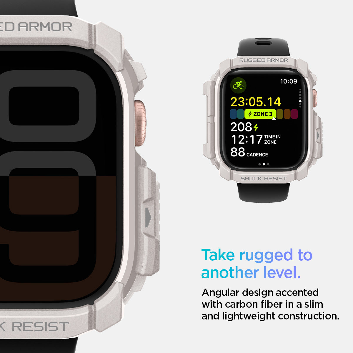 ACS08587 - Apple Watch 10 (42mm) Case Rugged Armor in Dune Beige angular design accented with carbon fiber in a slim and lightweight construction. Take rugged to another level.