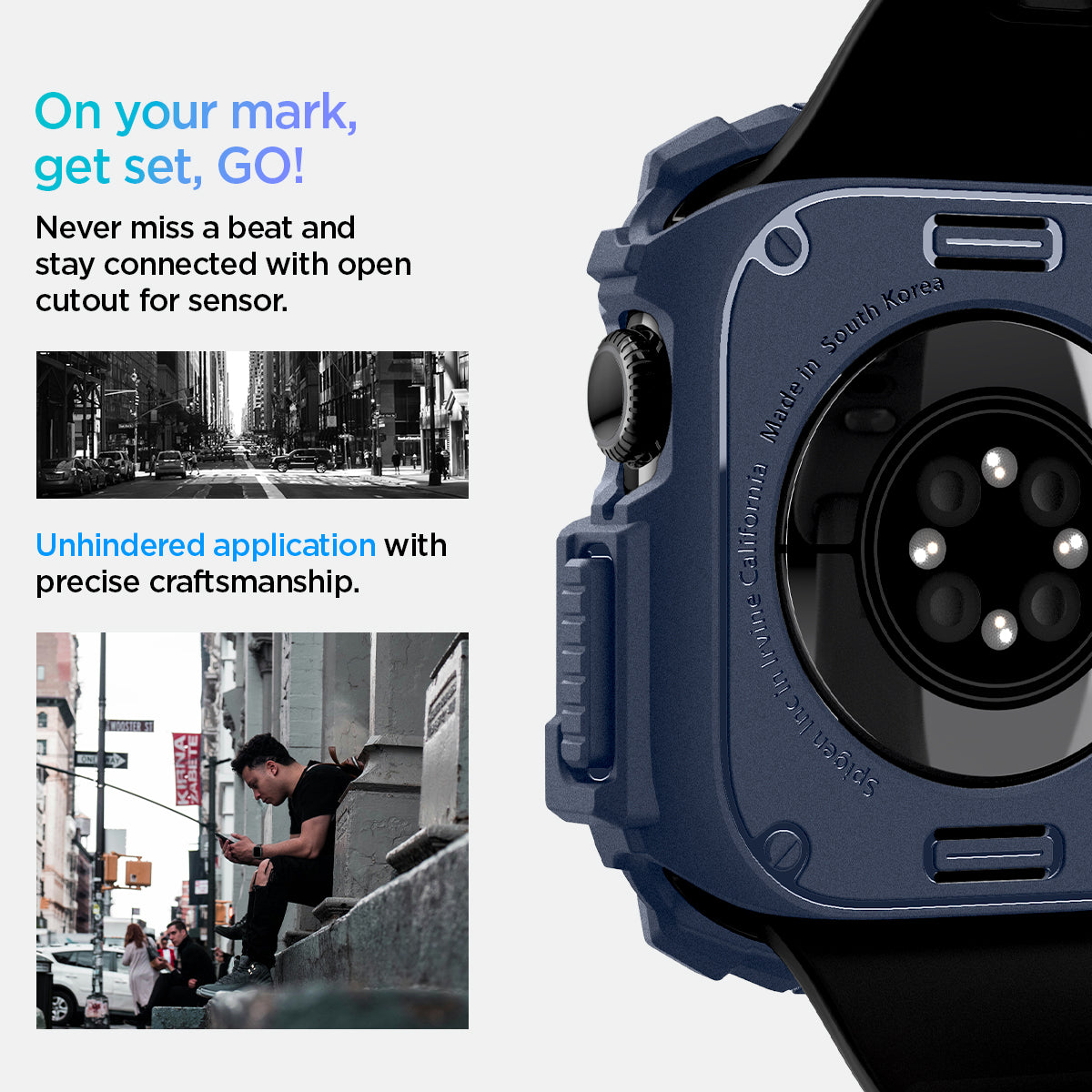 ACS08586 - Apple Watch 10 (42mm) Case Rugged Armor in Navy Blue never miss a beat and stay connected with open cutout for the sensor. Write down On your mark, get set GO! Unhindered application with precise craftsmanship.