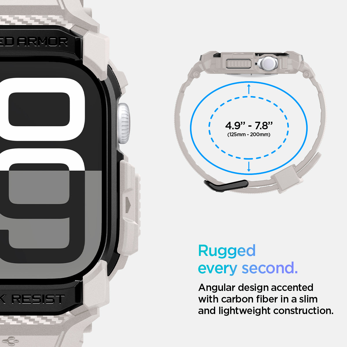 ACS08593 - Apple Watch 10 (42mm) Case Rugged Armor Pro in Dune Beige angular design accented with carbon fiber in a slim and lightweight construction. (125mm-200mm)
