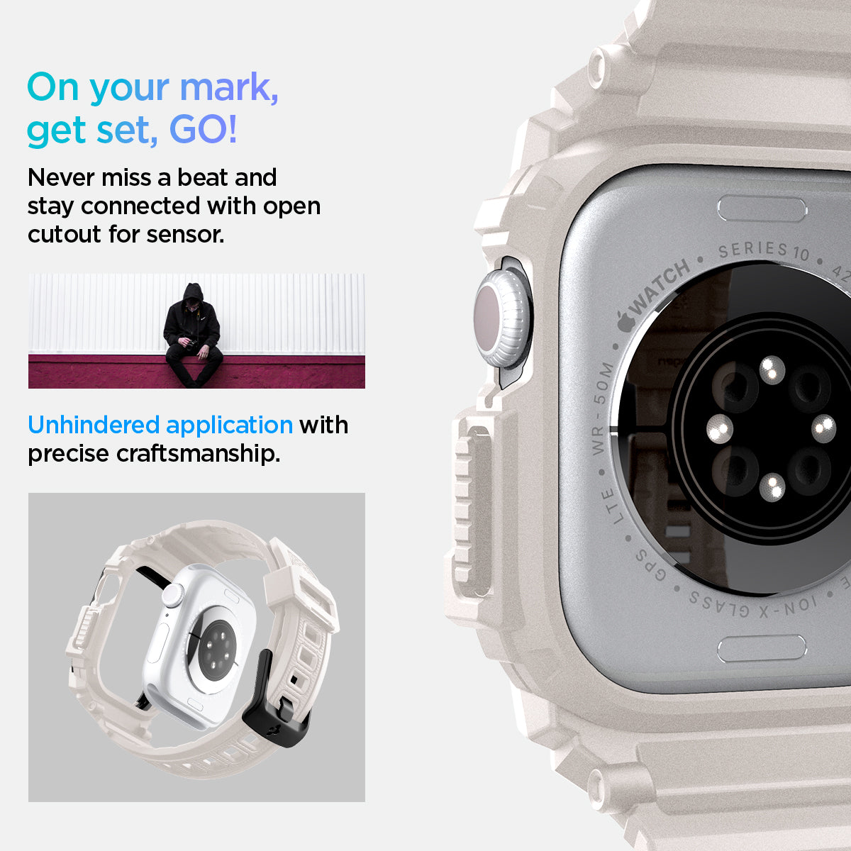 ACS08593 - Apple Watch 10 (42mm) Case Rugged Armor Pro in Dune Beige never miss a beat and stay connected with open cutout for the sensor. Write down On your mark, get set GO! Unhindered application with precise craftsmanship. 