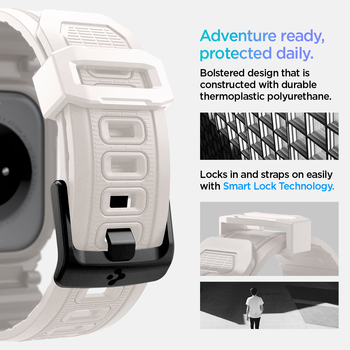 ACS08593 - Apple Watch 10 (42mm) Case Rugged Armor Pro in Dune Beige bolstered design that is constructed with durable thermoplastic polyurethane. Locks in and straps on easily with smart lock technology. Adventure ready, protected daily.