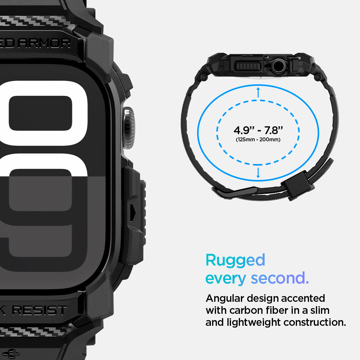 ACS08591 - Apple Watch 10 (42mm) Case Rugged Armor Pro in Matte Black angular design accented with carbon fiber in a slim and lightweight construction. (125mm-200mm)