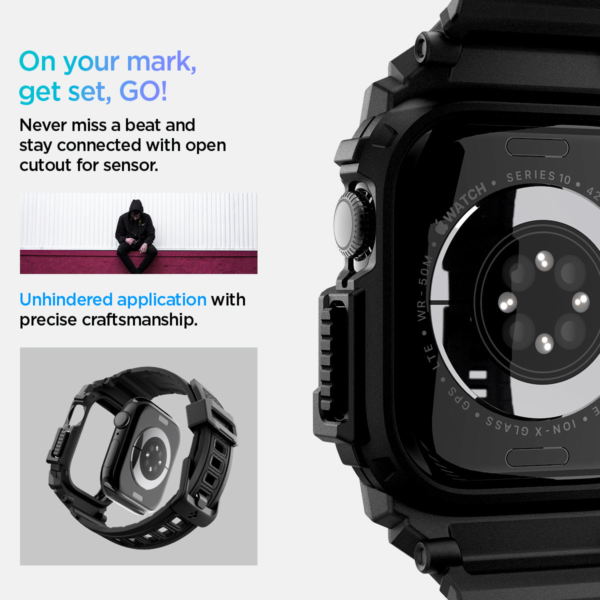 ACS08591 - Apple Watch 10 (42mm) Case Rugged Armor Pro in Matte Black never miss a beat and stay connected with open cutout for the sensor. Write down On your mark, get set GO! Unhindered application with precise craftsmanship.
