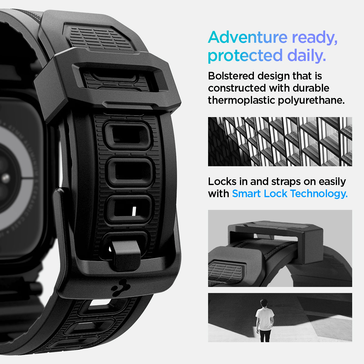 ACS08591 - Apple Watch 10 (42mm) Case Rugged Armor Pro in Matte Black bolstered design that is constructed with durable thermoplastic polyurethane. Locks in and straps on easily with smart lock technology. Adventure ready, protected daily.