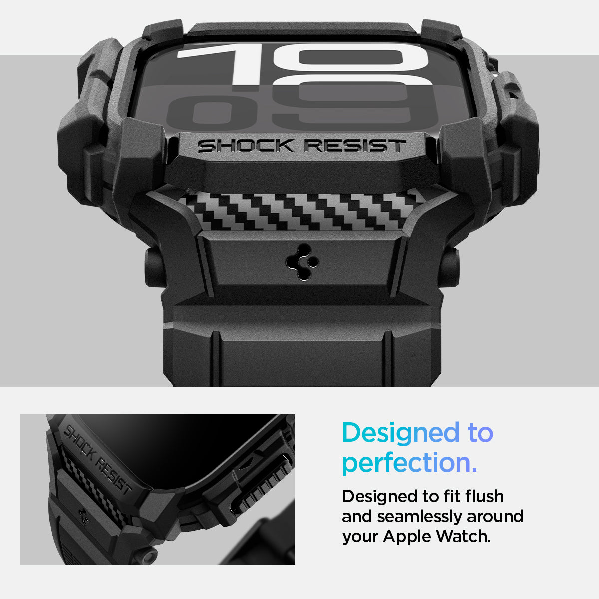 ACS08591 - Apple Watch 10 (42mm) Case Rugged Armor Pro in Matte Black designed to fit flush  and seamlessly around your apple watch. 