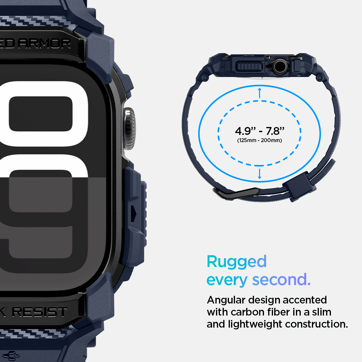 ACS08592 - Apple Watch 10 (42mm) Case Rugged Armor Pro in Navy Blue angular design accented with carbon fiber in a slim and lightweight construction. (125mm-200mm)