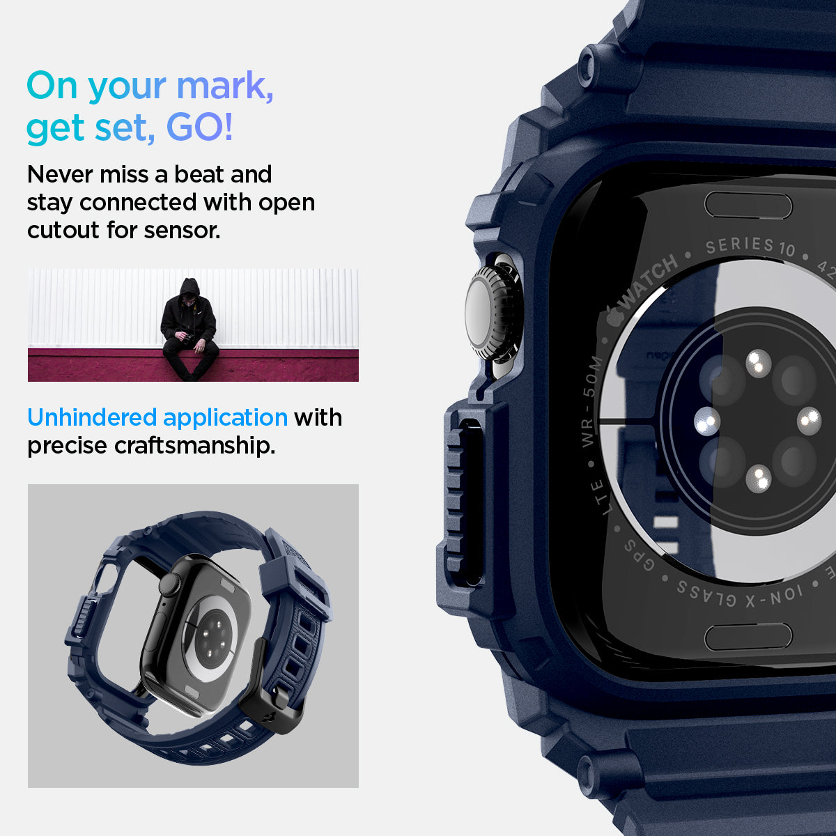 ACS08592 - Apple Watch 10 (42mm) Case Rugged Armor Pro in Navy Blue never miss a beat and stay connected with open cutout for the sensor. Write down On your mark, get set GO! Unhindered application with precise craftsmanship.