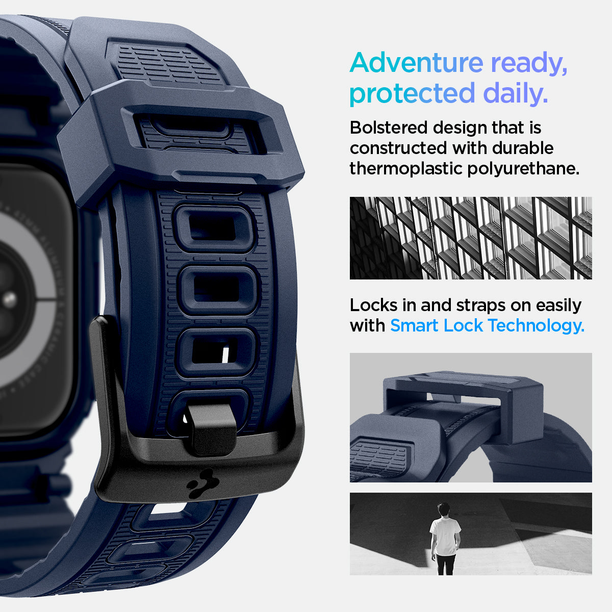 ACS08592 - Apple Watch 10 (42mm) Case Rugged Armor Pro in Navy Blue 
bolstered design that is constructed with durable thermoplastic polyurethane. Locks in and straps on easily with smart lock technology. Adventure ready, protected daily.
