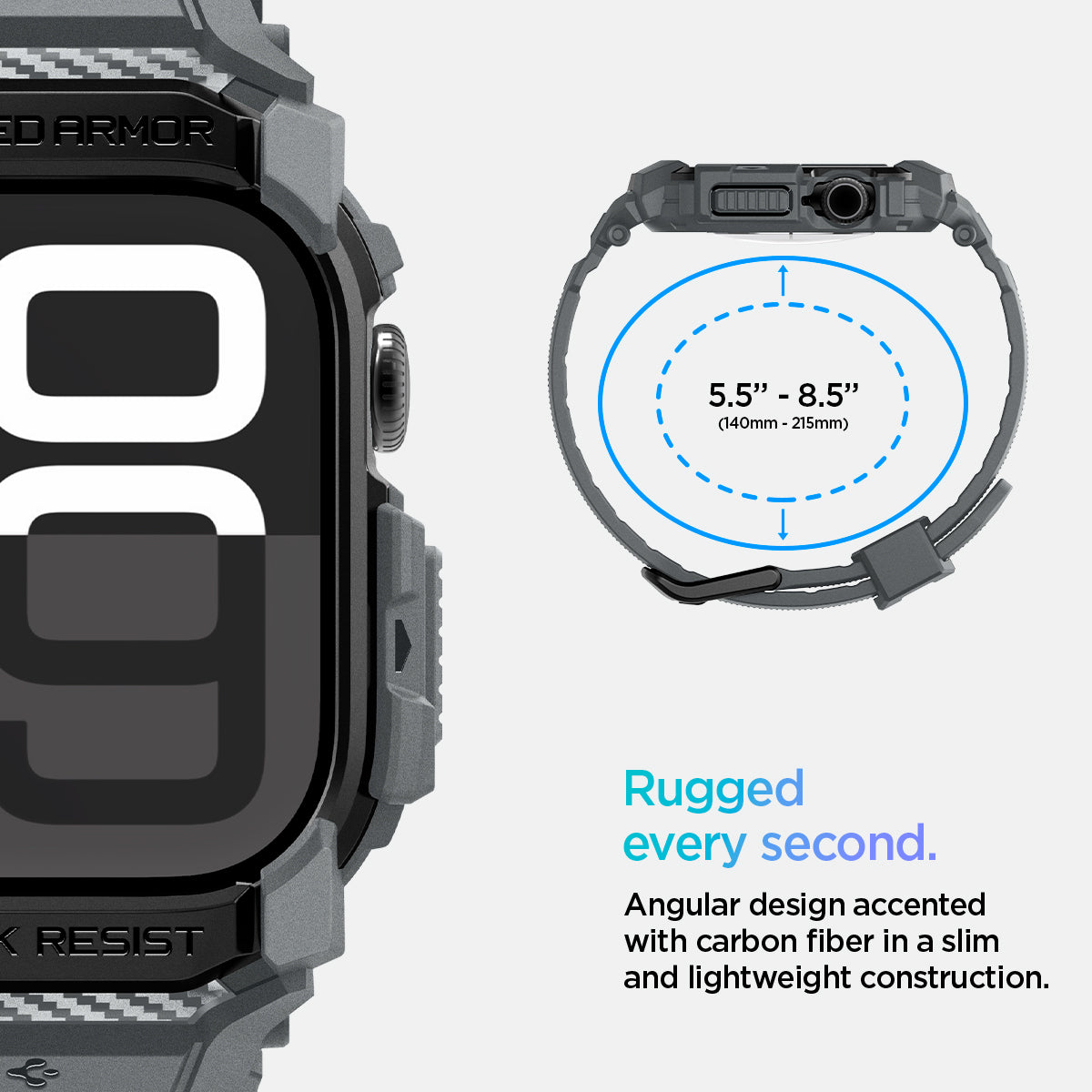 ACS08605 - Apple Watch 10 (46mm) Case Rugged Armor Pro in Dark Gray angular design accented with carbon fiber in a slim and lightweight construction. (140mm-215mm) 
