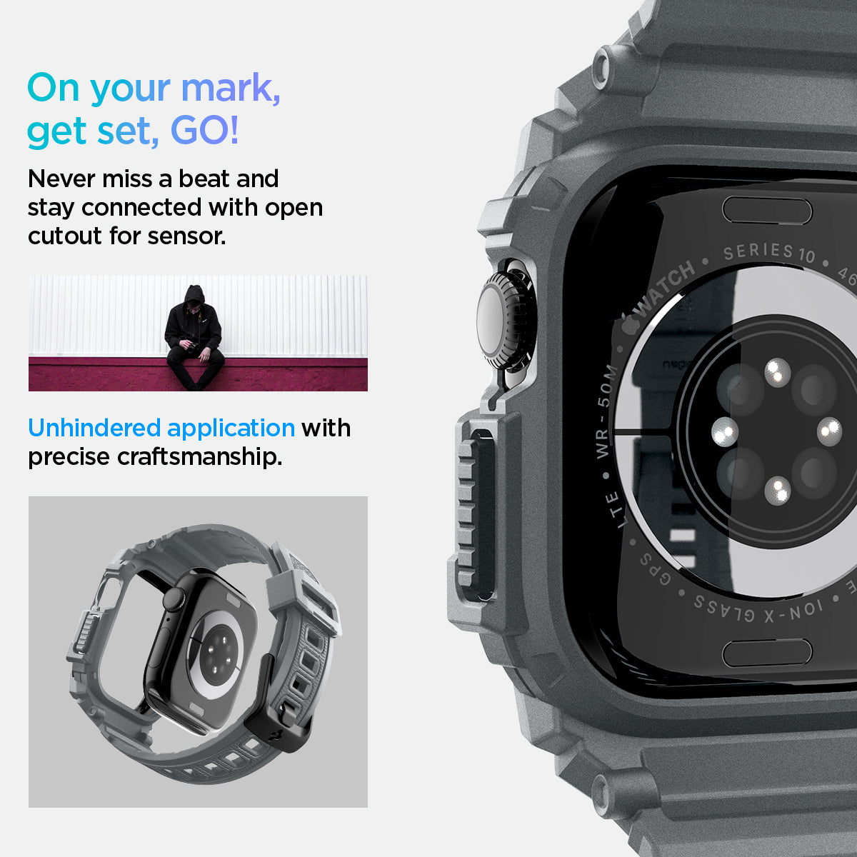 ACS08605 - Apple Watch 10 (46mm) Case Rugged Armor Pro in Dark Gray never miss a beat and stay connected with open cutout for the sensor. Write down On your mark, get set GO! Unhindered application with precise craftsmanship.