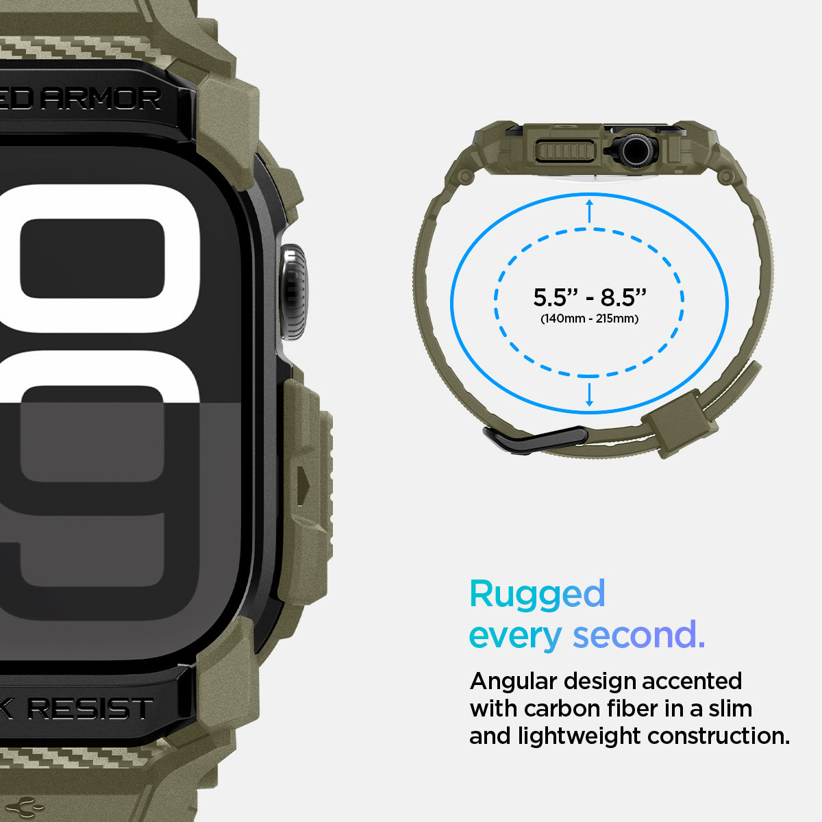 ACS08608 - Apple Watch 10 (46mm) Case Rugged Armor Pro in Vintage Khaki angular design accented with carbon fiber in a slim and lightweight construction. (140mm-215mm)