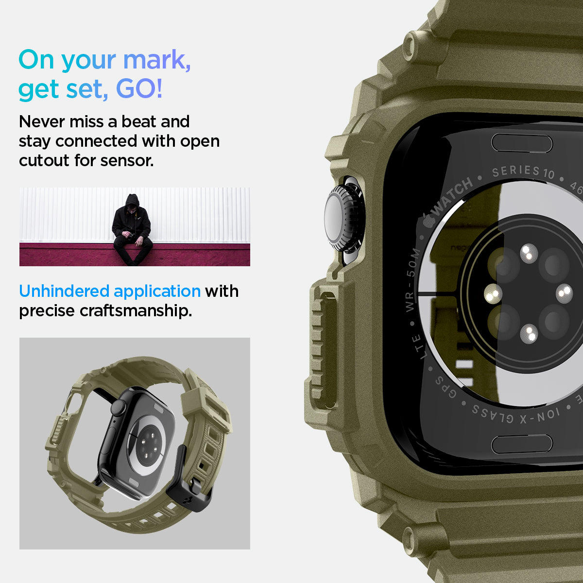 ACS08608 - Apple Watch 10 (46mm) Case Rugged Armor Pro in Vintage never miss a beat and stay connected with open cutout for the sensor. Write down On your mark, get set GO! Unhindered application with precise craftsmanship.Khaki