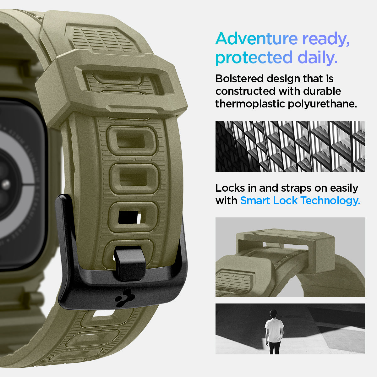 ACS08608 - Apple Watch 10 (46mm) Case Rugged Armor Pro in Vintage Khaki bolstered design that is constructed with durable thermoplastic polyurethane. Locks in and straps on easily with smart lock technology. Adventure ready, protected daily.